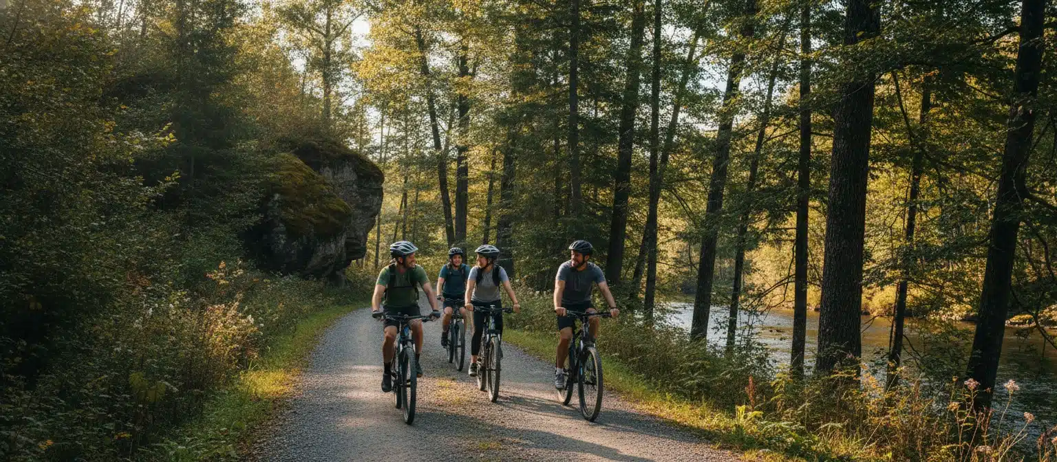 Friends cycling together as a social hobby outside of work