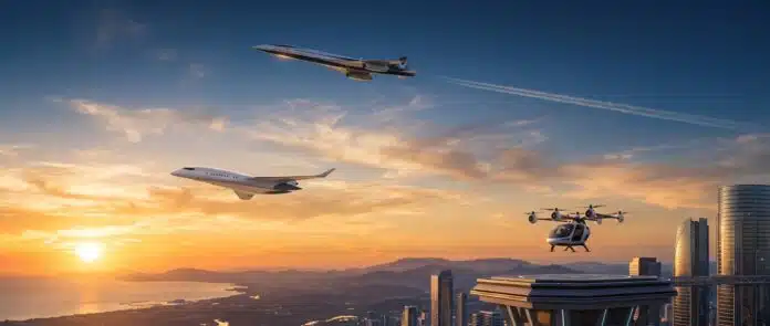 A cinematic golden-hour sky filled with next-generation aircraft, including a supersonic airliner, blended-wing body plane, and eVTOL air taxi
