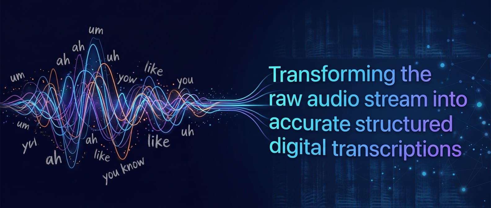 Photo: Intelligentliving Visual of a raw audio waveform transforming into clean formatted text, representing Gemini 3.5 Transcribe