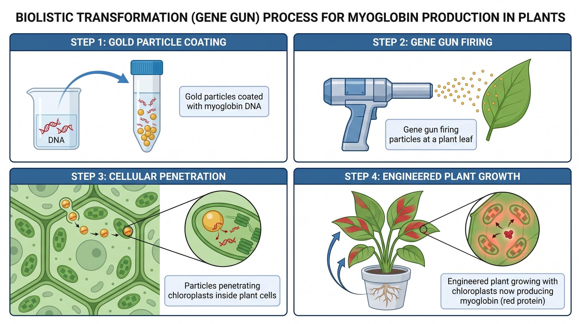 Diagram showing gene gun biolistic transformation process for inserting DNA into plant chloroplasts