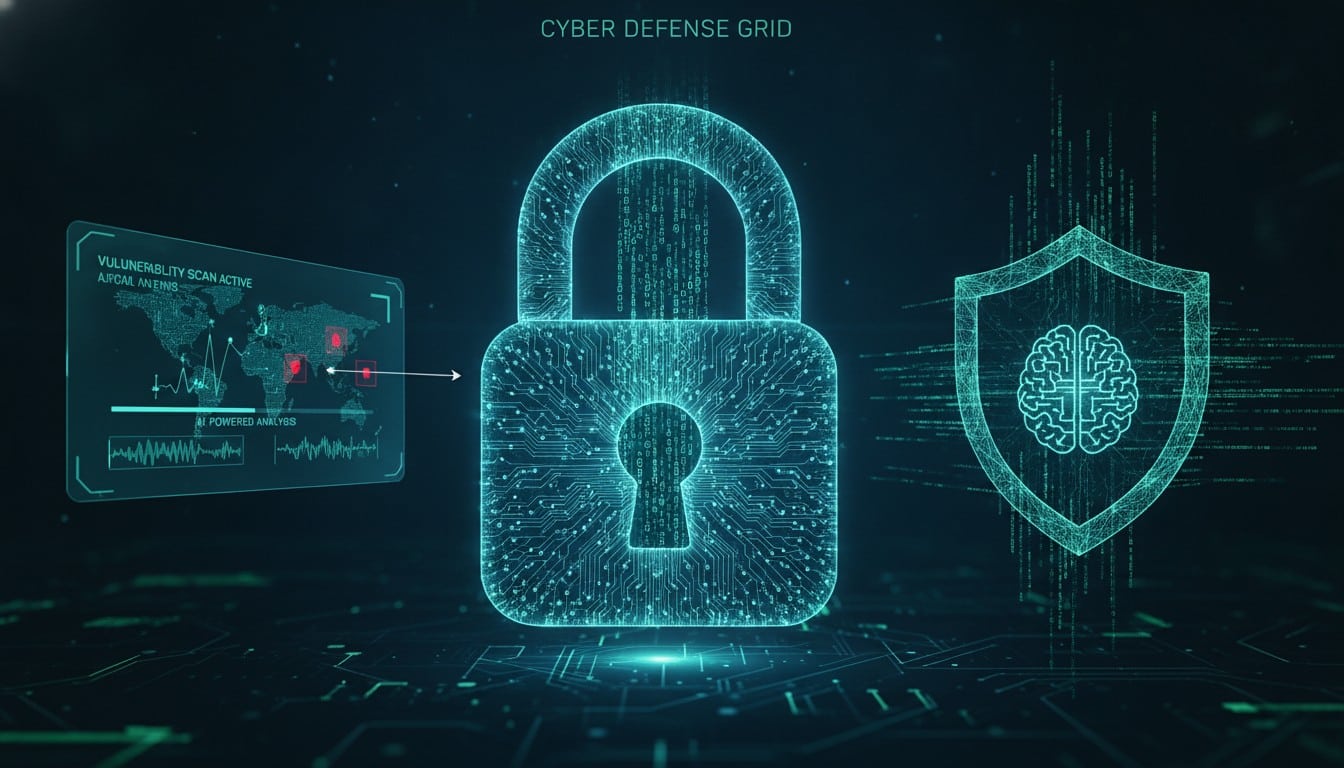 AI cybersecurity visualization showing vulnerability detection and security analysis capabilities