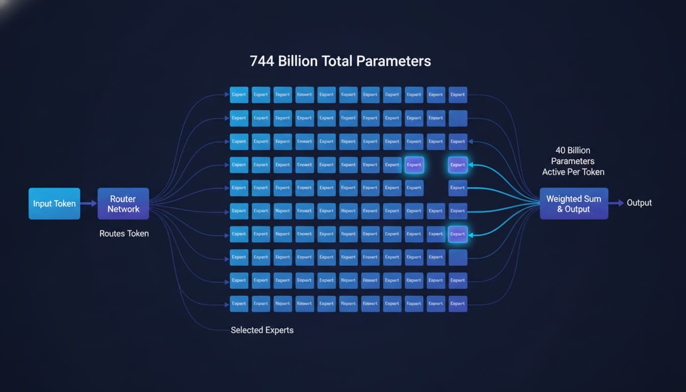 Mixture of Experts architecture diagram showing 744B total parameters with 40B active per forward pass