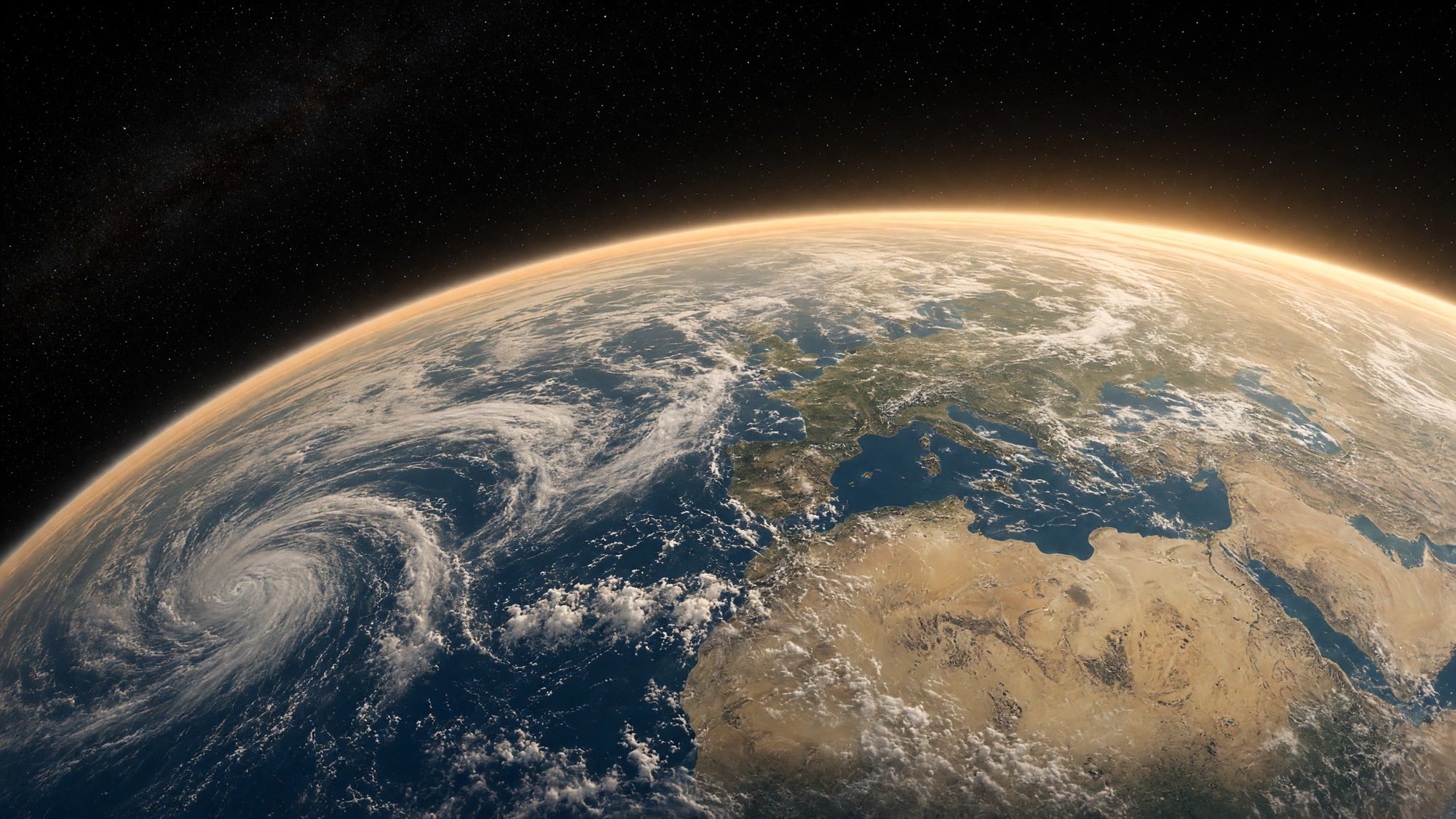 Earth from space showing subtle atmospheric warming effects with golden atmospheric tones