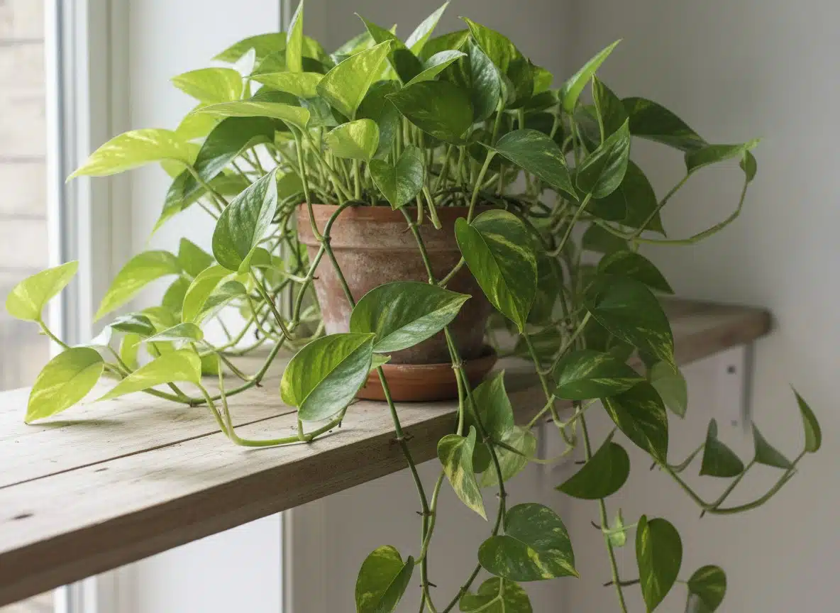 A golden pothos with variegated heart-shaped leaves trailing from a shelf