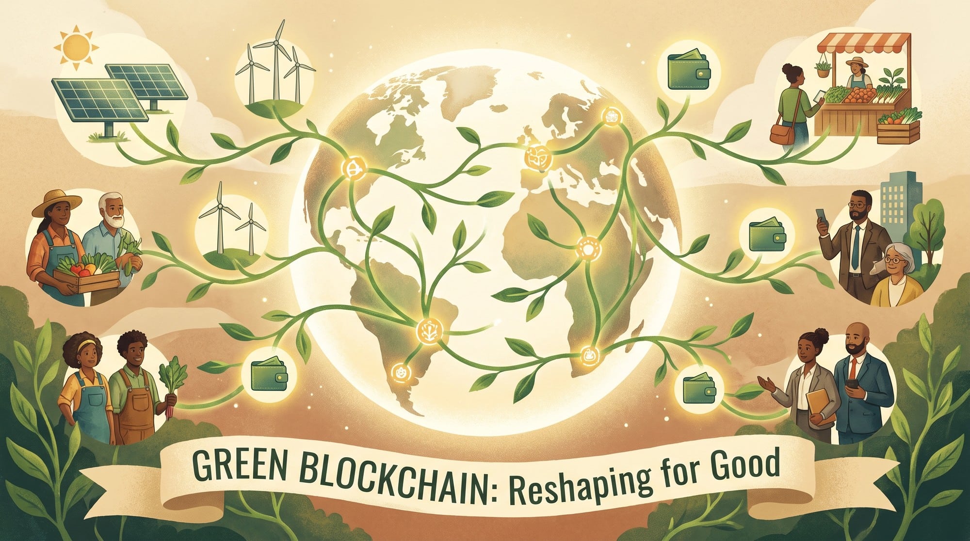Globe with interconnected blockchain nodes connecting communities for sustainable economic growth.