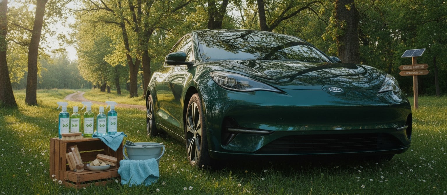 Eco-friendly car care products and clean vehicle representing sustainable business practices