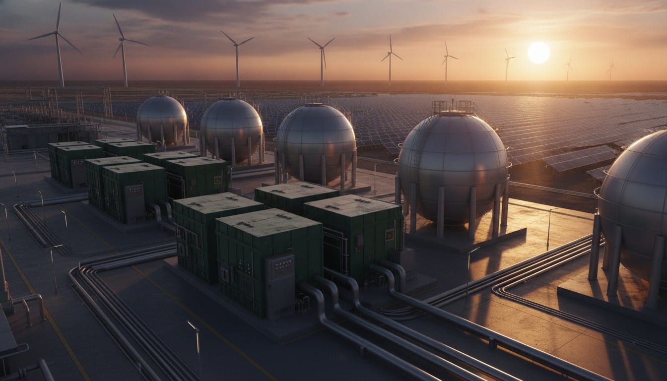 Industrial green hydrogen production facility with electrolyzer units powered by solar panels and wind turbines