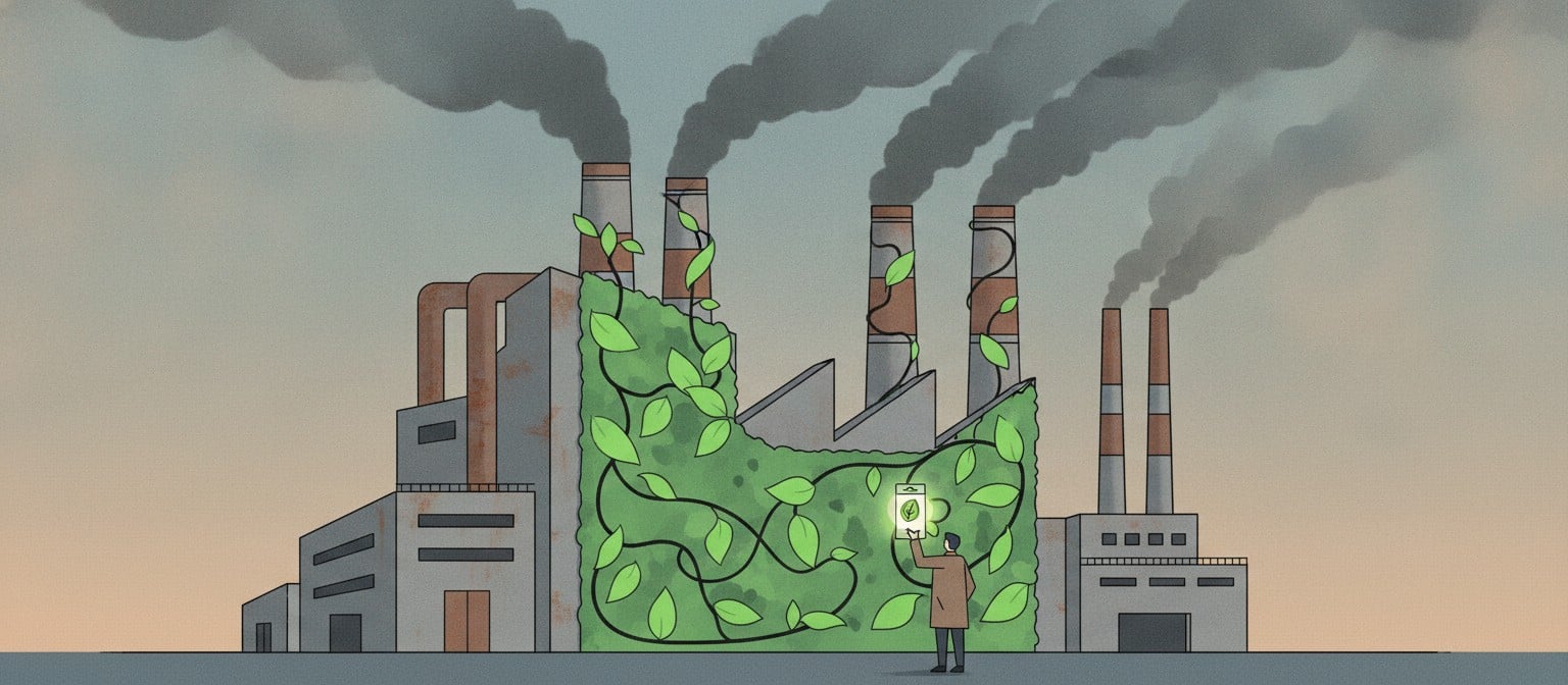 What Is Greenwashing? Definition, Examples, and How to Spot It Conceptual illustration of a factory hiding pollution behind a green eco-friendly facade, representing greenwashing