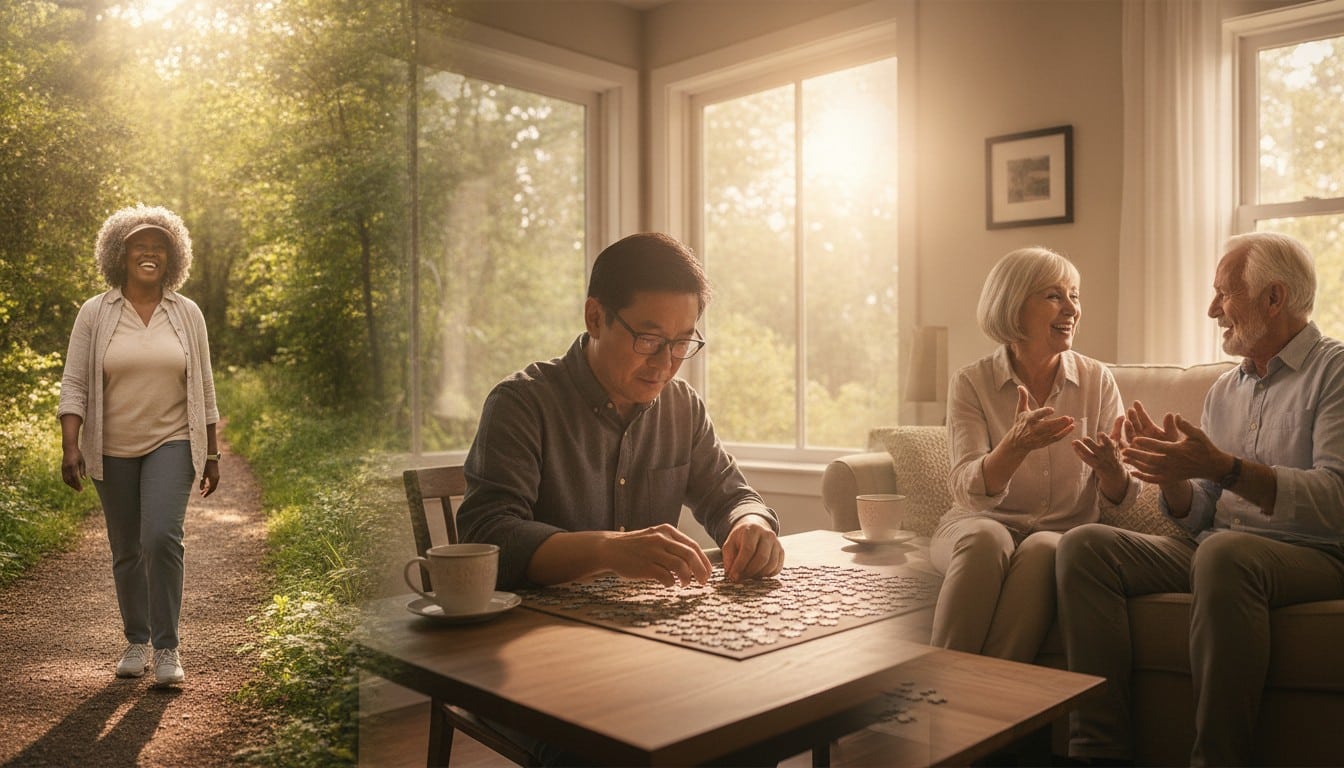 Older adults doing brain-healthy activities like walking, puzzles, and social interaction to slow brain aging