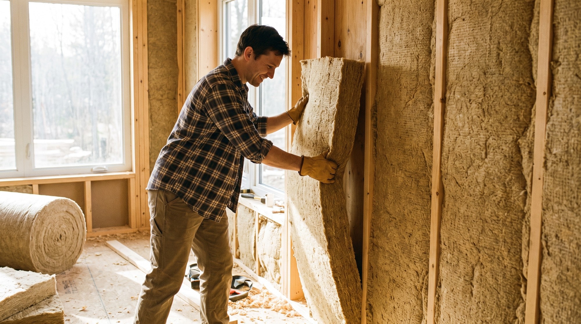 Installing hemp fiber insulation batts into a wooden wall frame during eco-friendly home construction