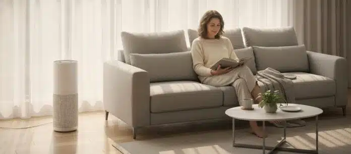 hepa-air-purifier-modern-living-room A white HEPA air purifier running in a bright modern living room while a middle-aged woman reads on a sofa
