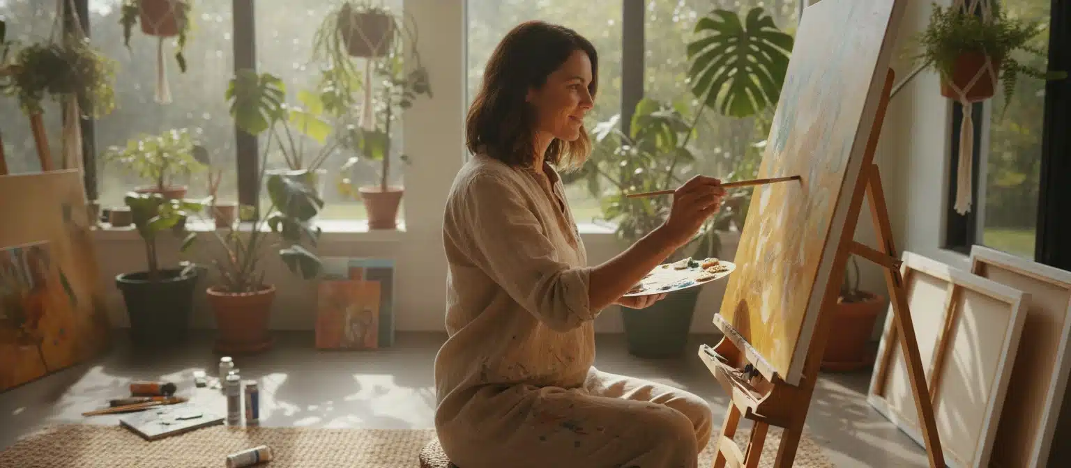 Woman painting on canvas as a relaxing hobby outside of work