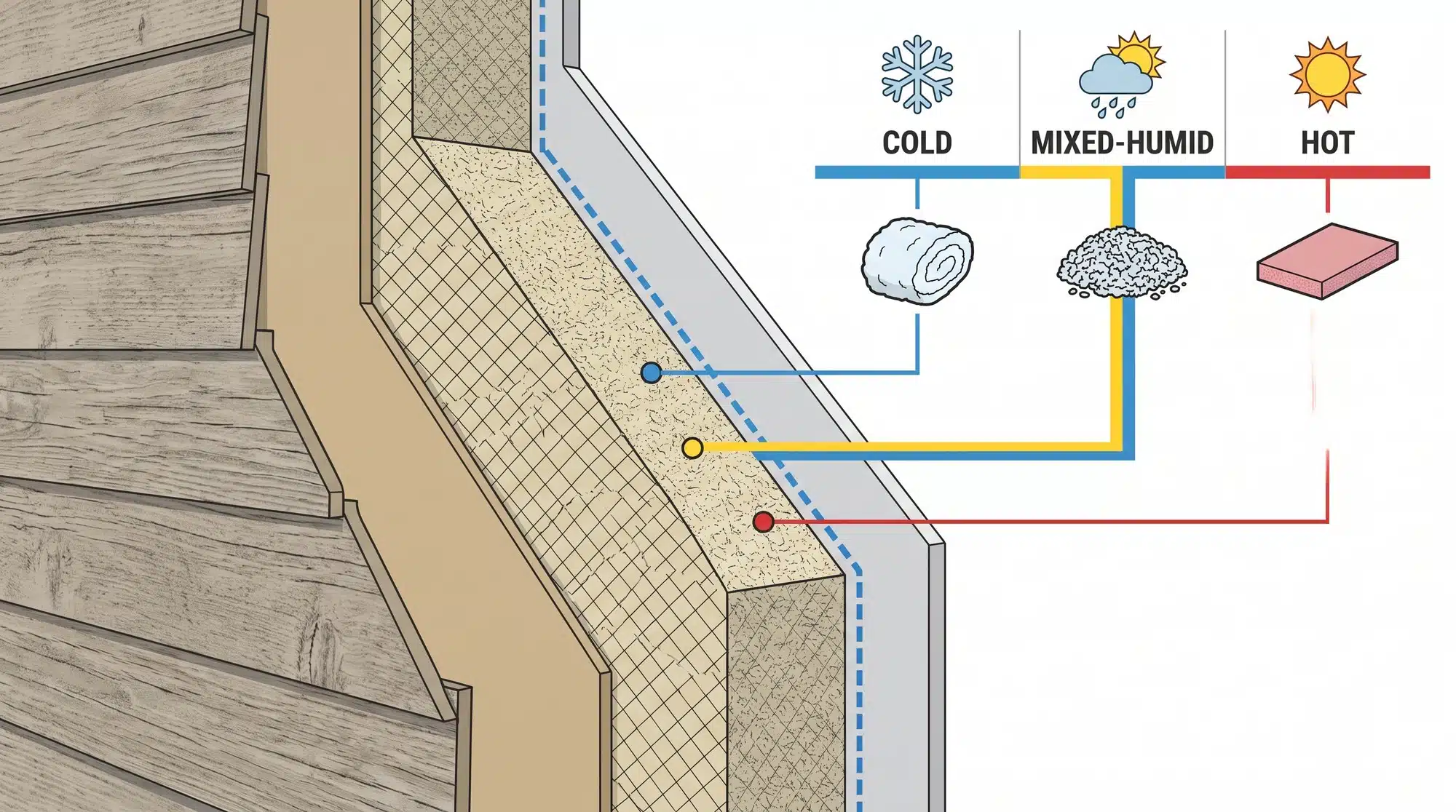 Wall cross-section diagram showing insulation material suitability for different climate zones