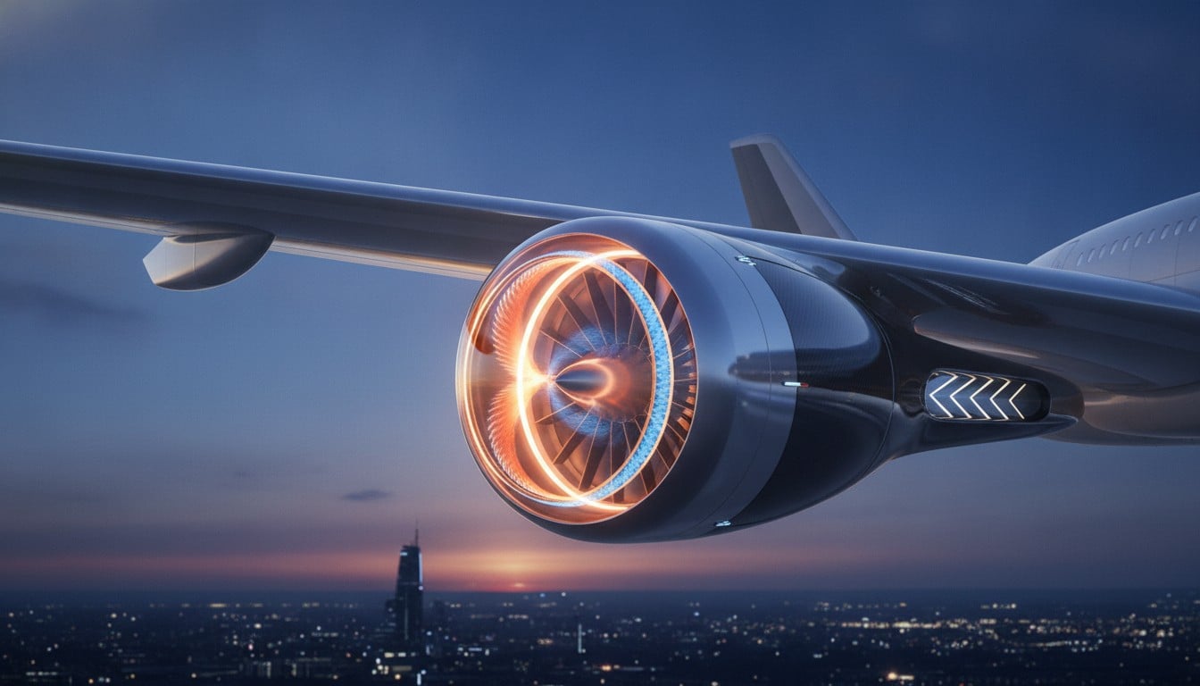 Conceptual hydrogen-powered rotating detonation aircraft engine on a futuristic aircraft wing