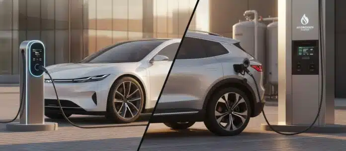 Side-by-side comparison of a lithium-ion battery electric vehicle charging and a hydrogen fuel cell vehicle being refueled at their respective stations