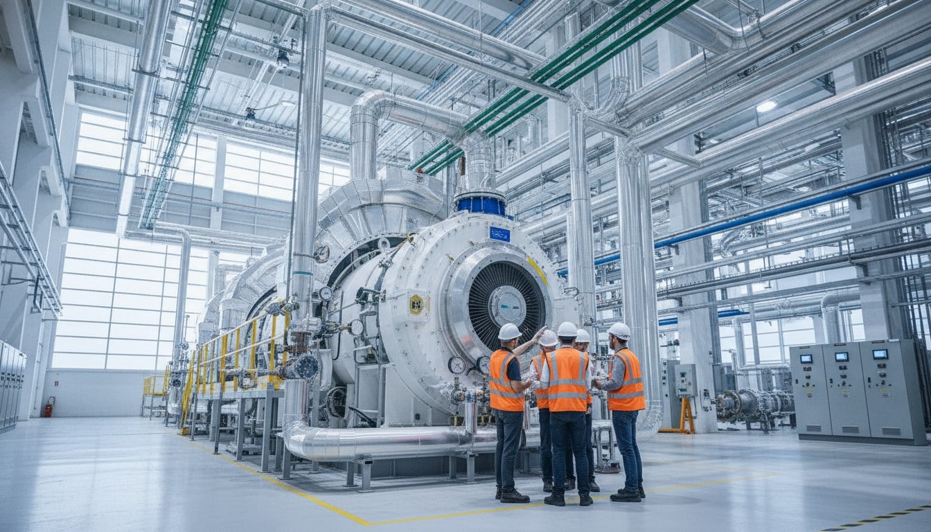 Modern hydrogen-capable gas turbine generator inside a clean power plant hall