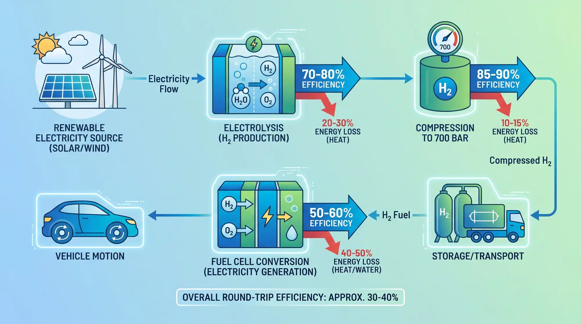 Infographic showing the hydrogen production pathway from renewable electricity through electrolysis to fuel cell vehicle, with efficiency losses at each stage