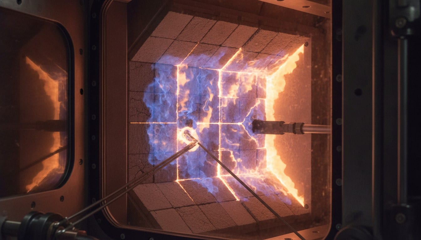 Close-up of hydrogen turbine combustion chamber glowing with intense detonation heat, showing advanced materials enduring extreme temperatures for 303 seconds