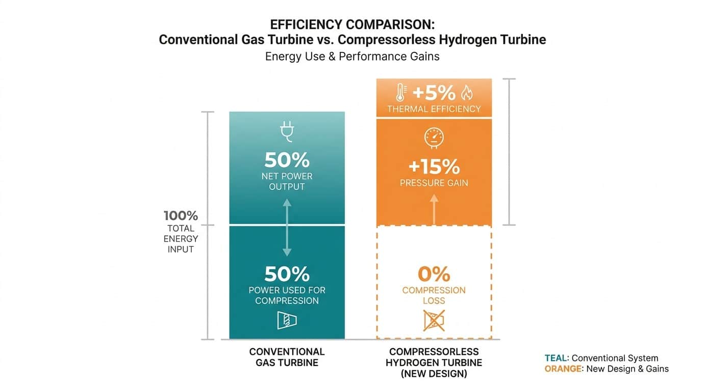 Bar chart comparing conventional turbine where 50 percent power is lost to compression versus compressorless hydrogen turbine with pressure-gain efficiency improvements