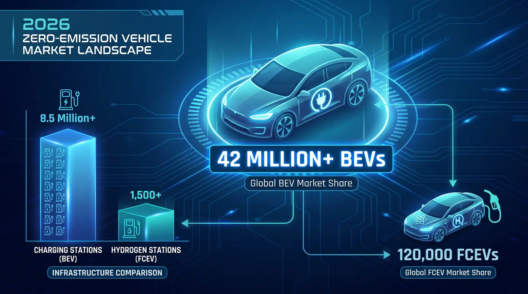 2026 zero-emission vehicle market comparison showing 42 million battery electric vehicles versus 120,000 hydrogen fuel cell vehicles on the road