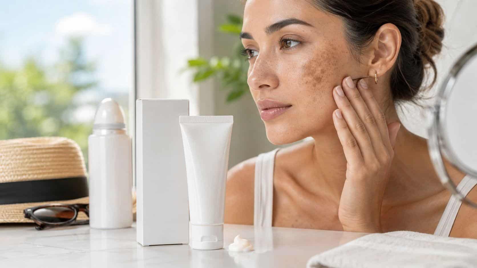 4-Hydroquinone Cream for Stubborn Dark Spots: A Consumer Guide to Melalite Forte A woman with hyperpigmentation on her cheek applies cream from a tube.