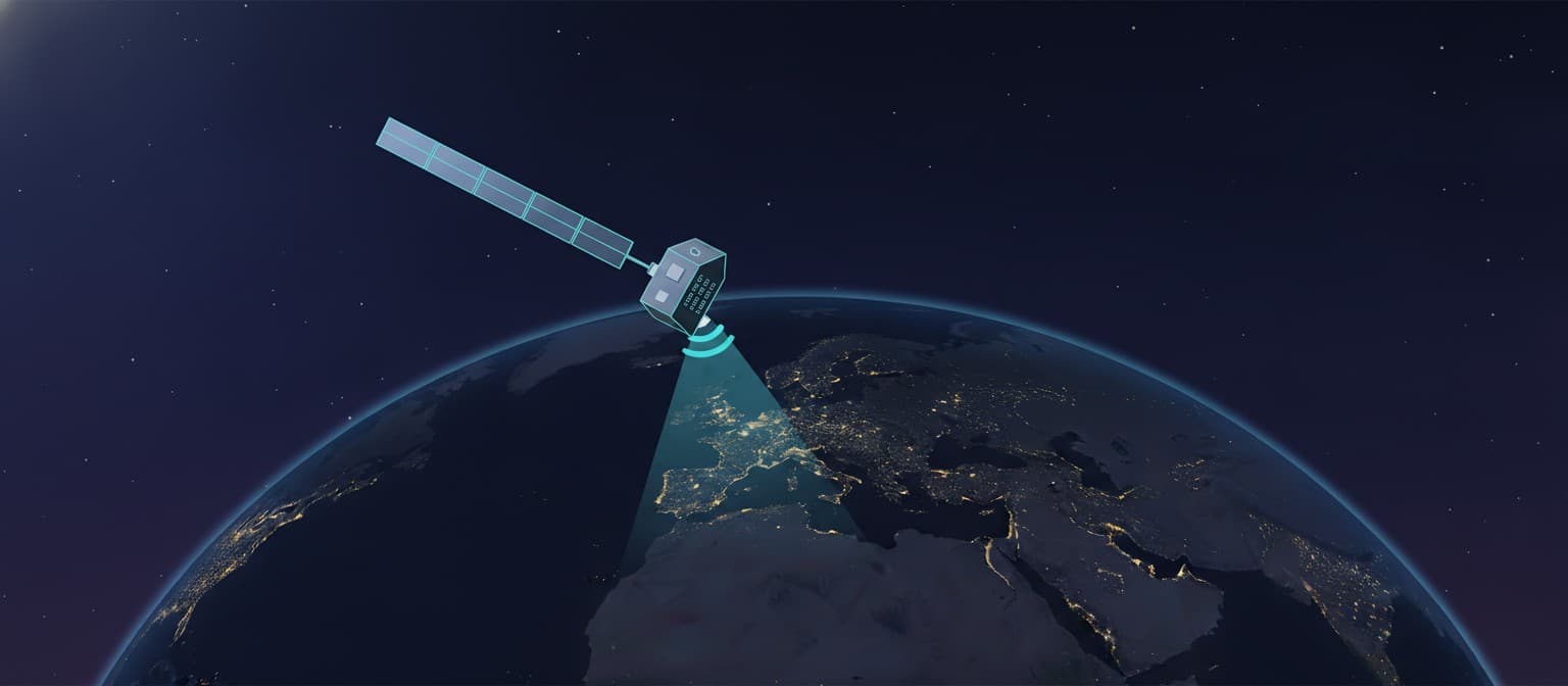 ICEYE synthetic aperture radar satellite orbiting Earth at night