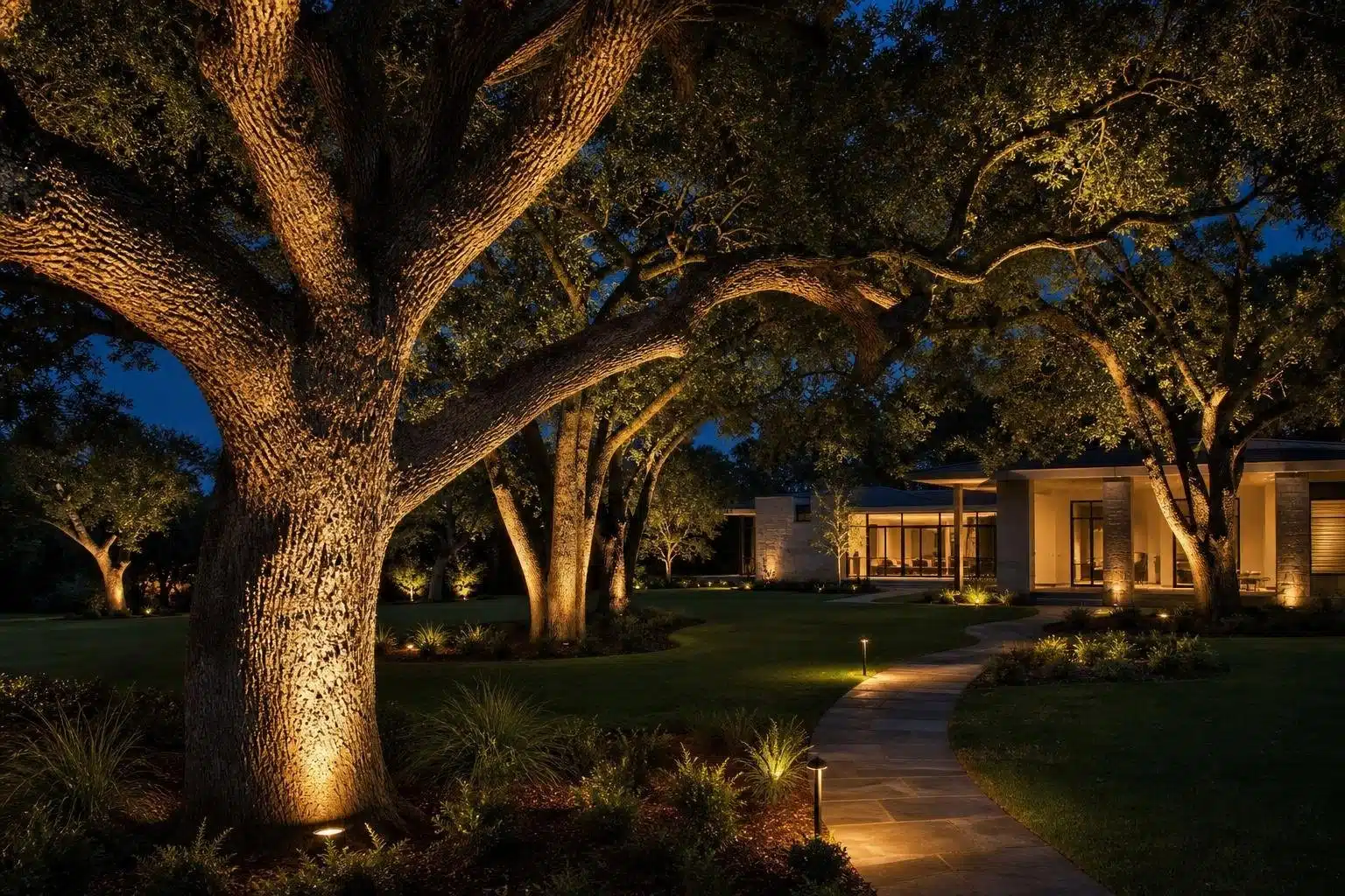 Large, mature oak trees with their trunks and branches dramatically illuminated by uplighting, situated in a manicured lawn leading to a modern residence at dusk.