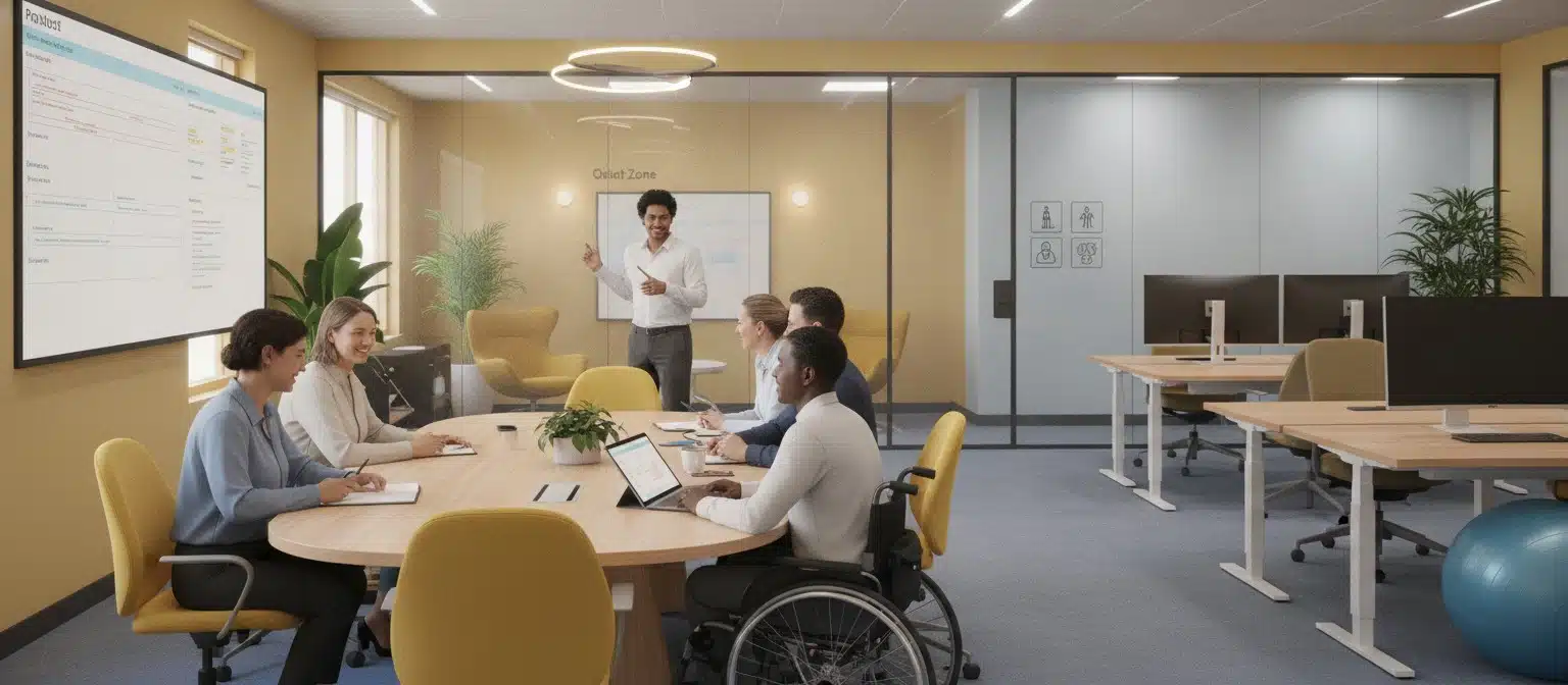 Diverse professionals collaborating in an inclusive modern workplace designed for cognitive diversity