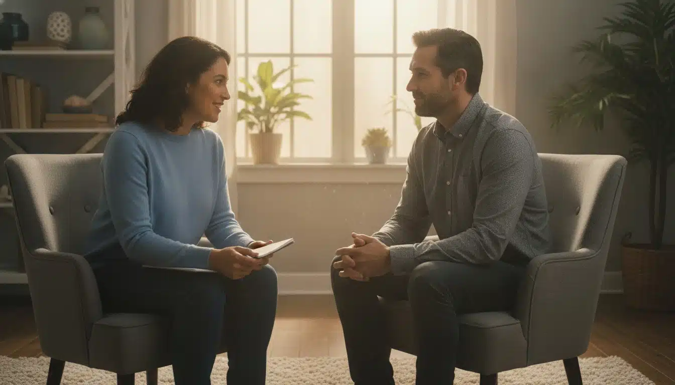 Two people in a supportive therapeutic conversation representing integrated trauma and addiction treatment