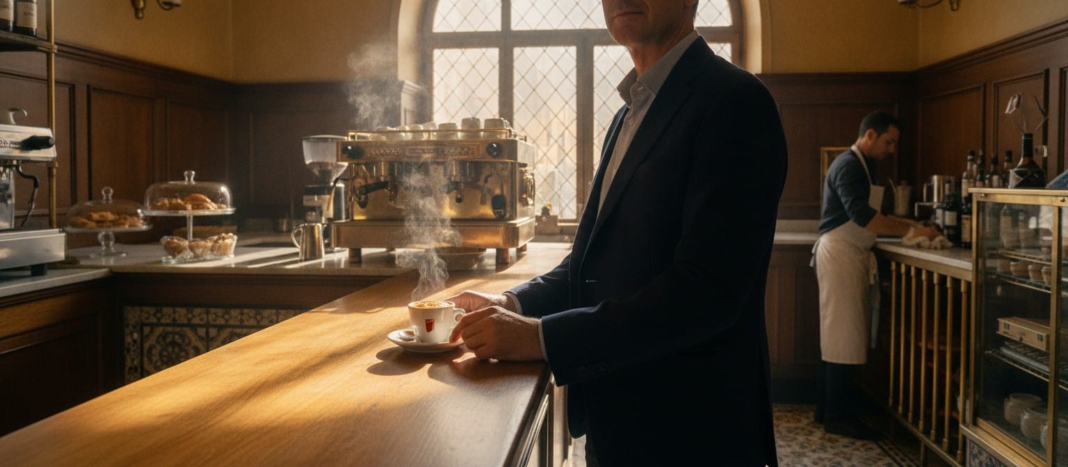 A person standing at an Italian espresso bar counter with a small cup of espresso topped with golden crema, morning light filling the cafe