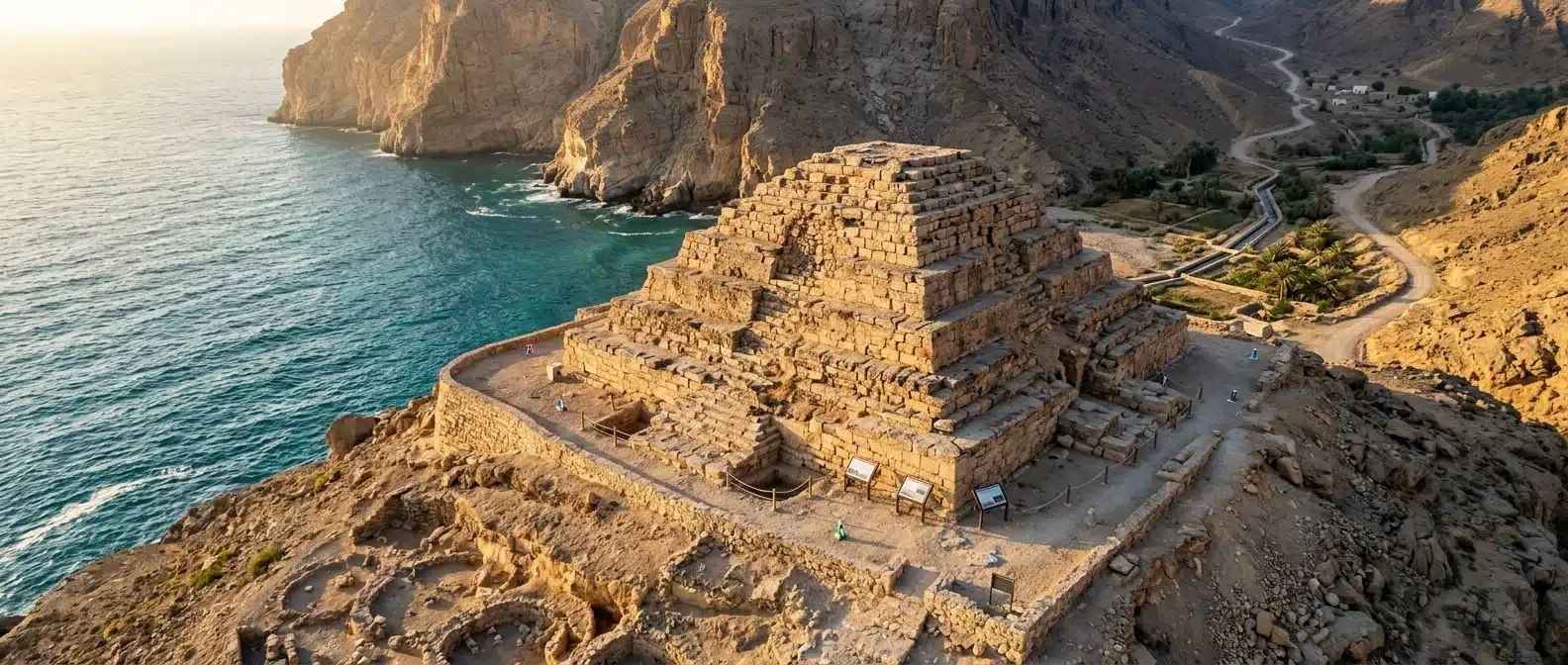 Ancient stepped pyramid at Khawr Kharfut on Oman's southern coast overlooking the Arabian Sea