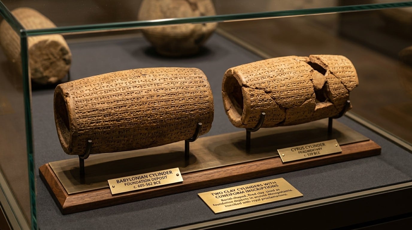 Two fired clay cylinders with cuneiform inscriptions documenting Nebuchadnezzar II's restoration of the ziggurat of Kish
