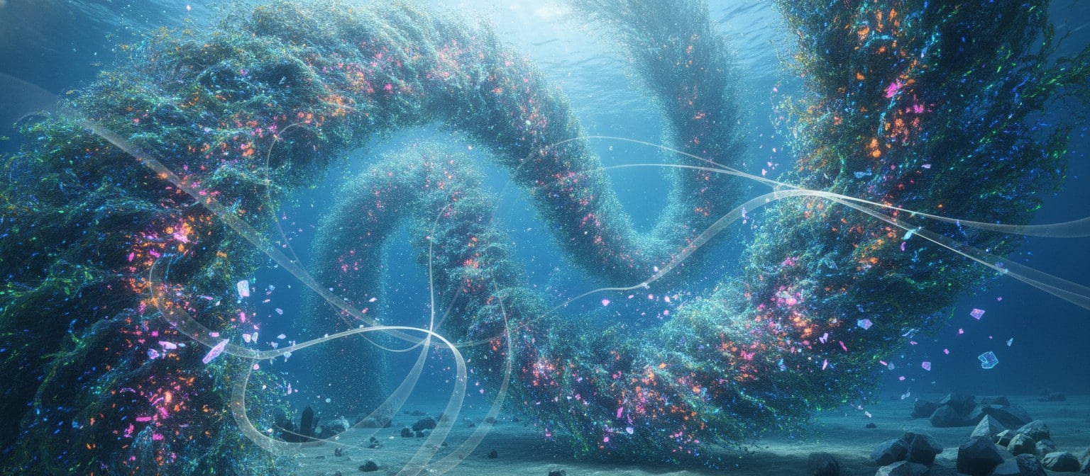 Czech Scientists Create Living Microrobot Swarms That Trap Microplastics Swarm of glowing magnetotactic bacterial microrobots trapping microplastic particles in blue water