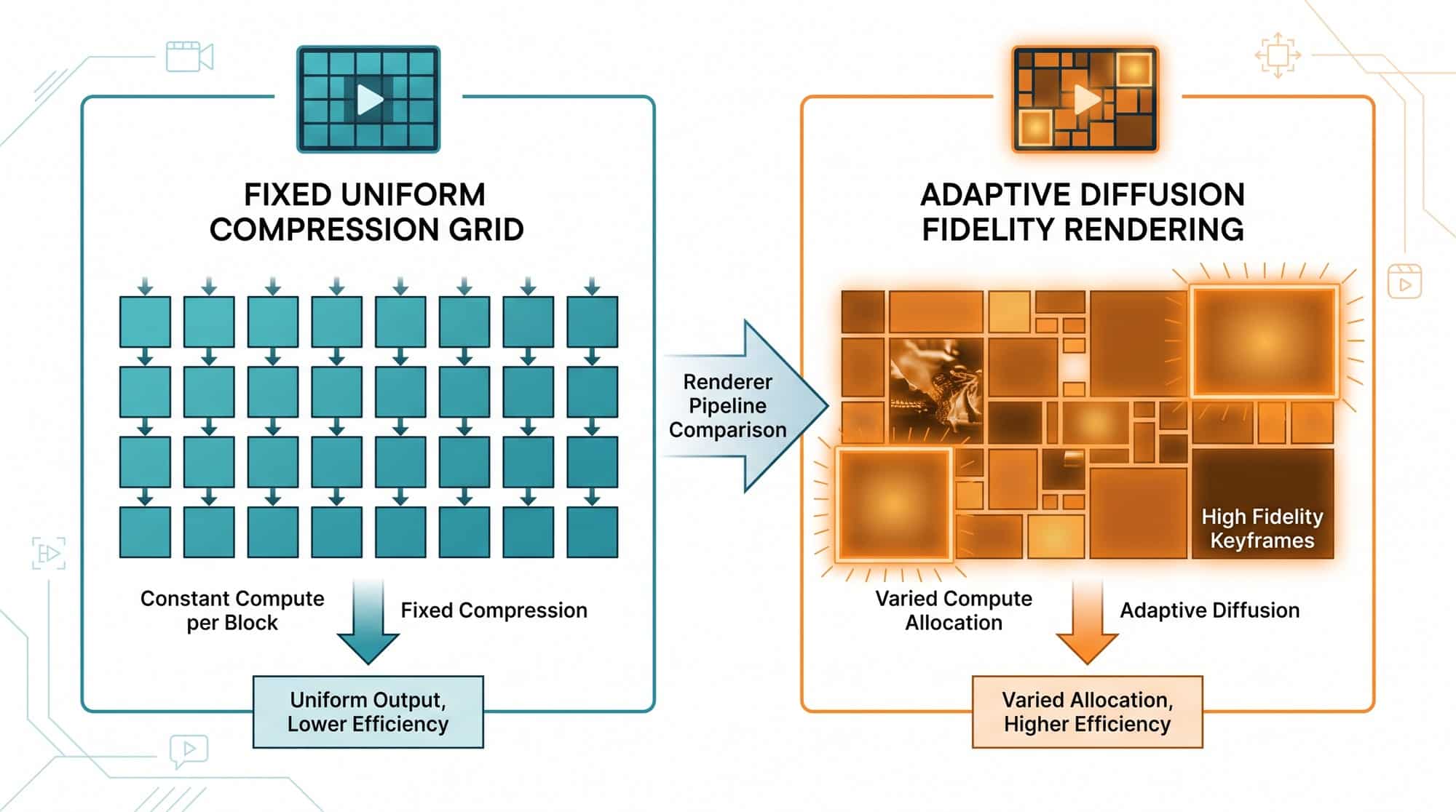 Diagram showing LTX-2.5 diffusion fidelity rendering allocating compute by scene complexity versus fixed compression
