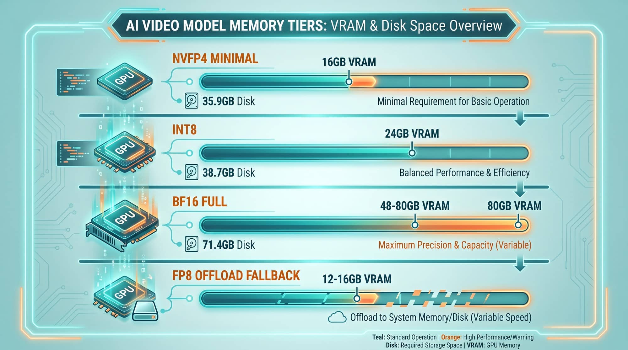 LTX-2.5 VRAM and quantization tiers from NVFP4 to BF16 showing disk size and GPU requirements