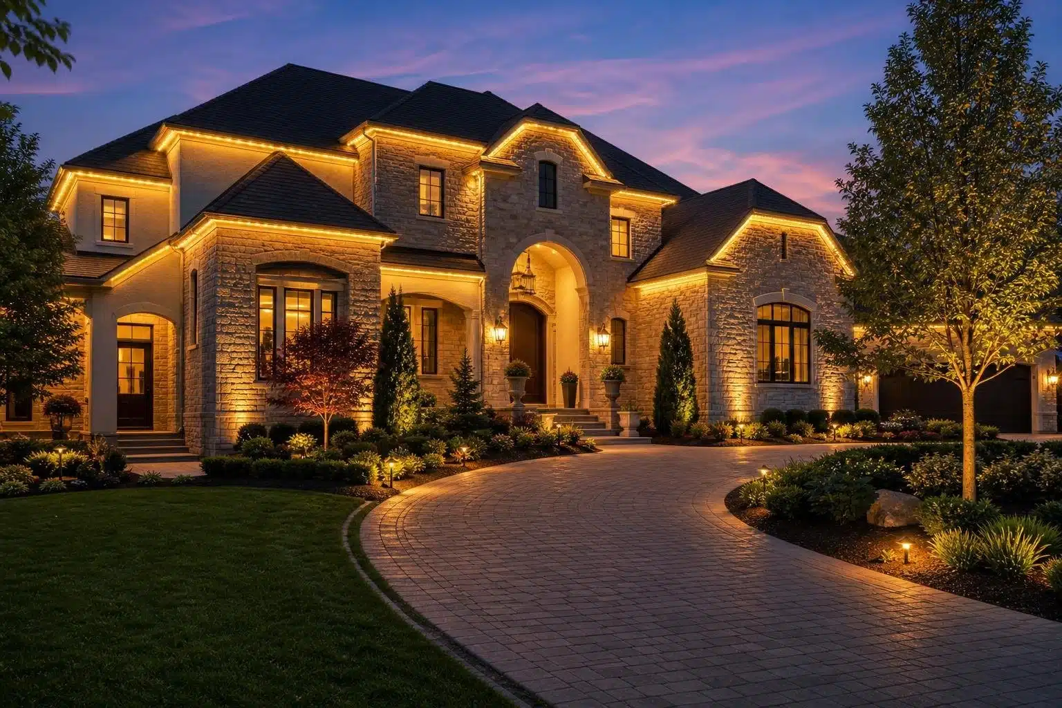 Transforming Properties with Professional Landscape and Event Lighting A large, luxurious stone mansion illuminated by exterior lights and decorative string lights along the roofline, with a winding paver driveway leading to the entrance. The sky is a twilight purple and orange.
