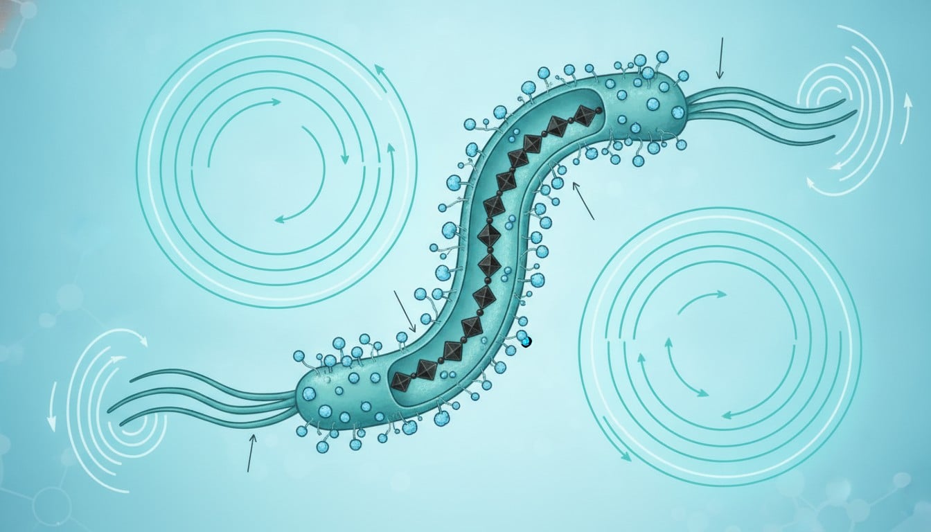 Diagram showing Magnetospirillum magneticum bacteria with internal magnetosomes and external magnetic field control