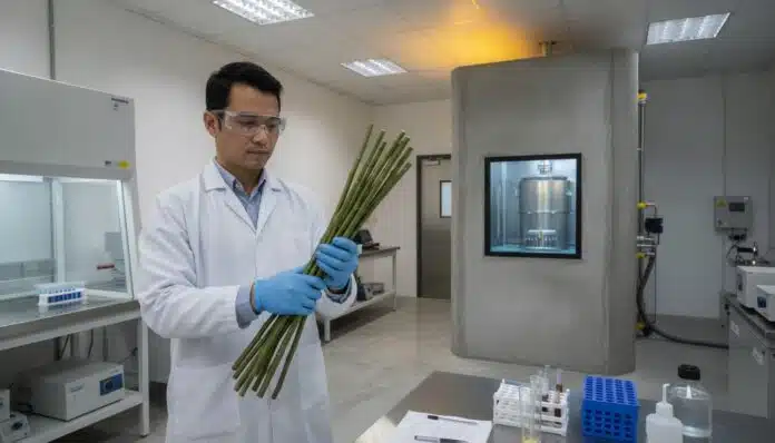Malaysian scientist preparing cassava stem cuttings for gamma irradiation at a nuclear research facility