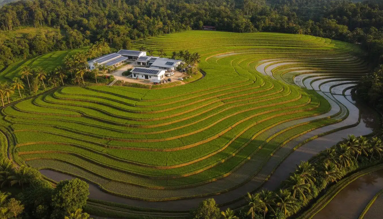 Aerial view of lush green rice paddies in Malaysia with golden sunlight and tropical vegetation