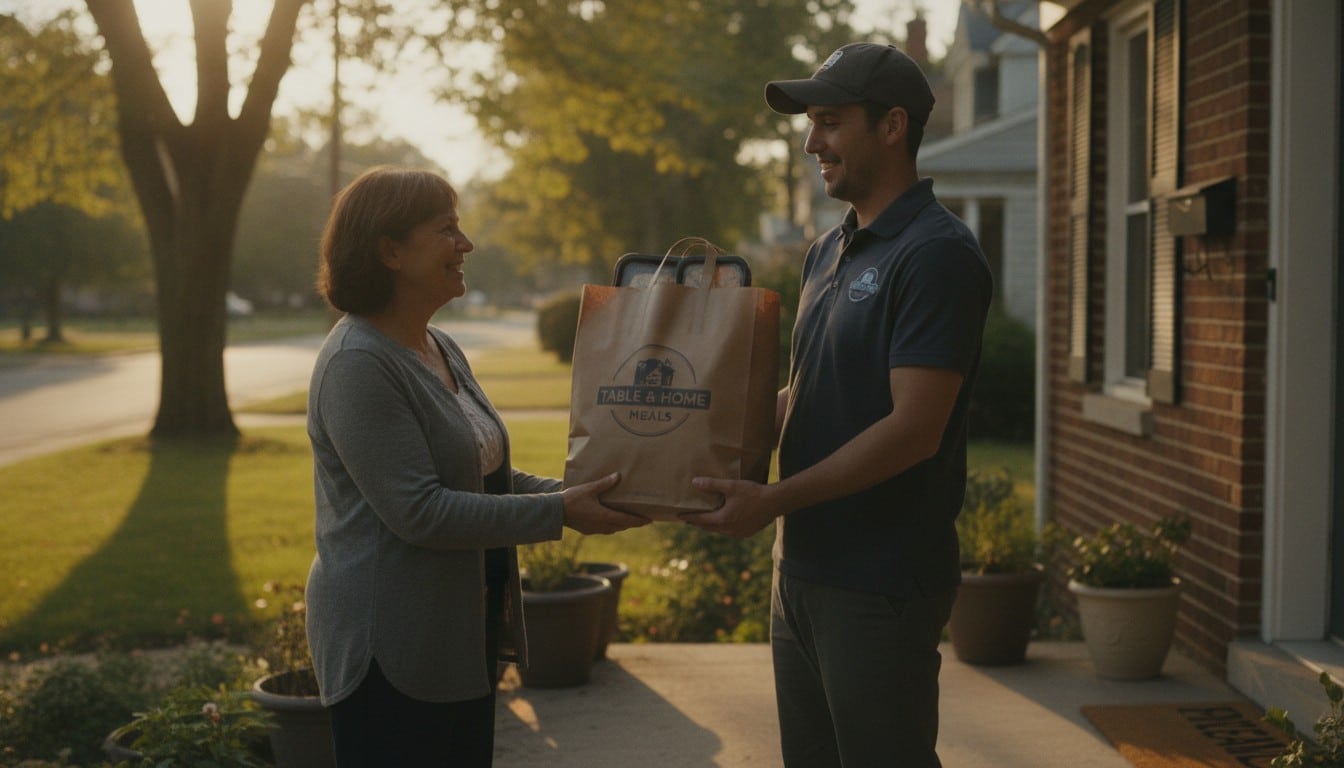 A person gratefully receiving a delivered meal at their front door from a delivery person