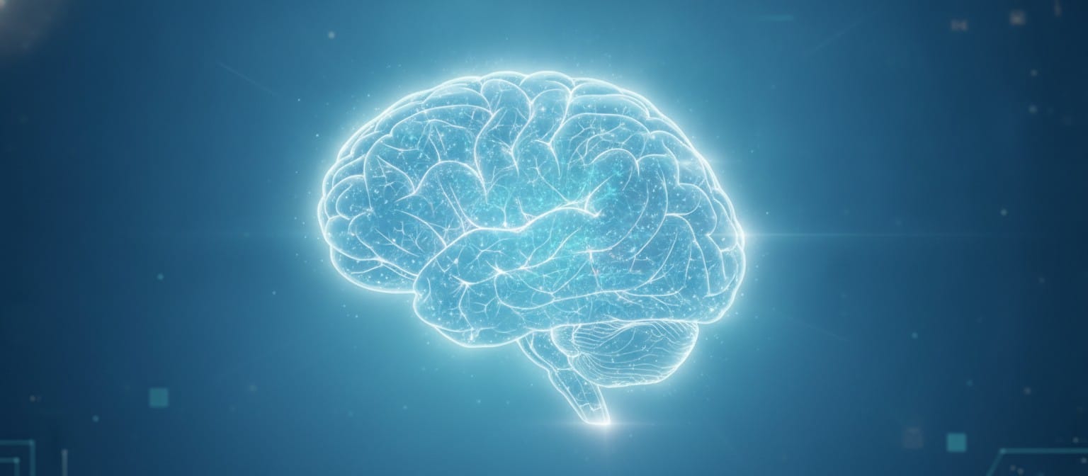 Abstract illustration of human brain with glowing neural networks during meditation