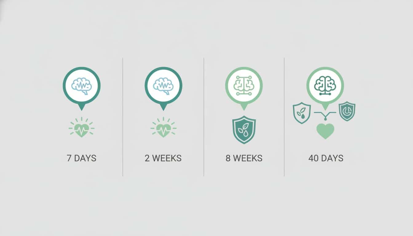 Timeline infographic showing meditation benefits over 7 days, 8 weeks and 40 days