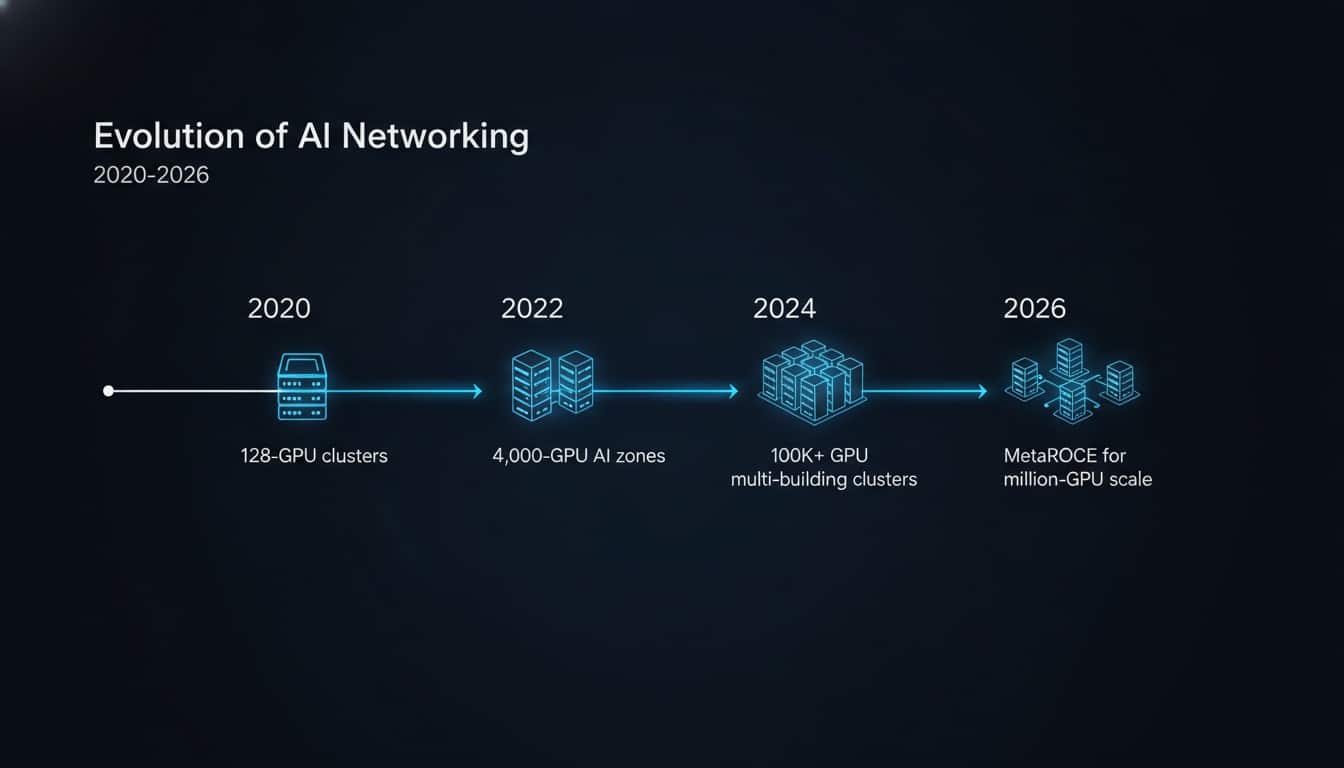 Timeline infographic showing the evolution of Meta AI networking infrastructure from 128-GPU clusters to million-GPU scale