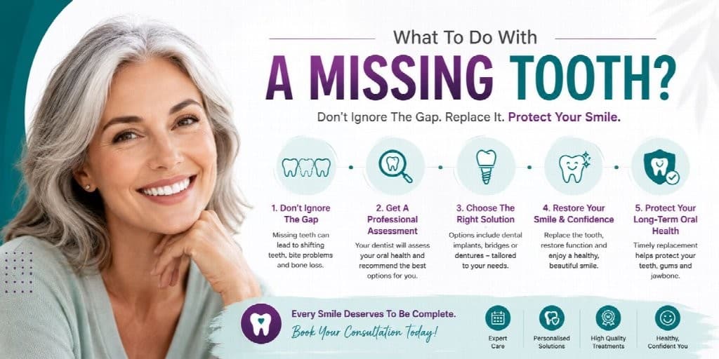 A woman smiles confidently next to a graphic outlining five steps for dealing with a missing tooth: Don't Ignore The Gap, Get A Professional Assessment, Choose The Right Solution, Restore Your Smile and Confidence, and Protect Your Long-Term Oral Health.
