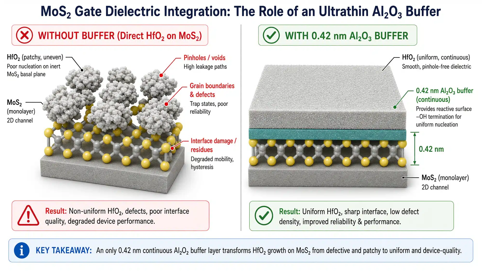 Atomic layer deposition process failing on MoS2 vs uniform growth on aluminum oxide buffer