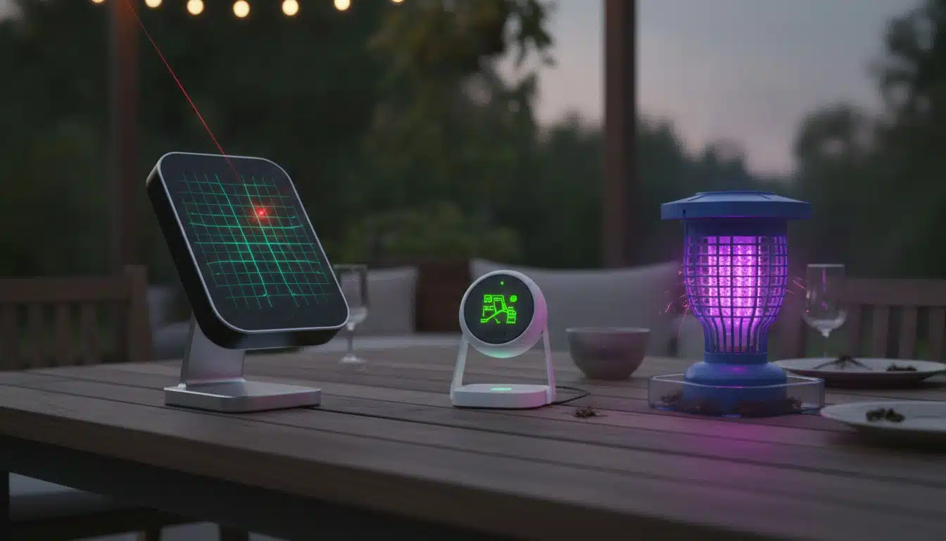 Comparison of Photon Matrix laser, Bzigo Iris locator, and traditional mosquito trap on a table