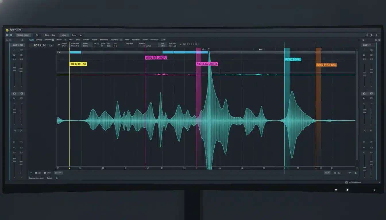 A music editing timeline with a waveform and colored markers mapping where a cue should stay quiet, build, and resolve within a scene.