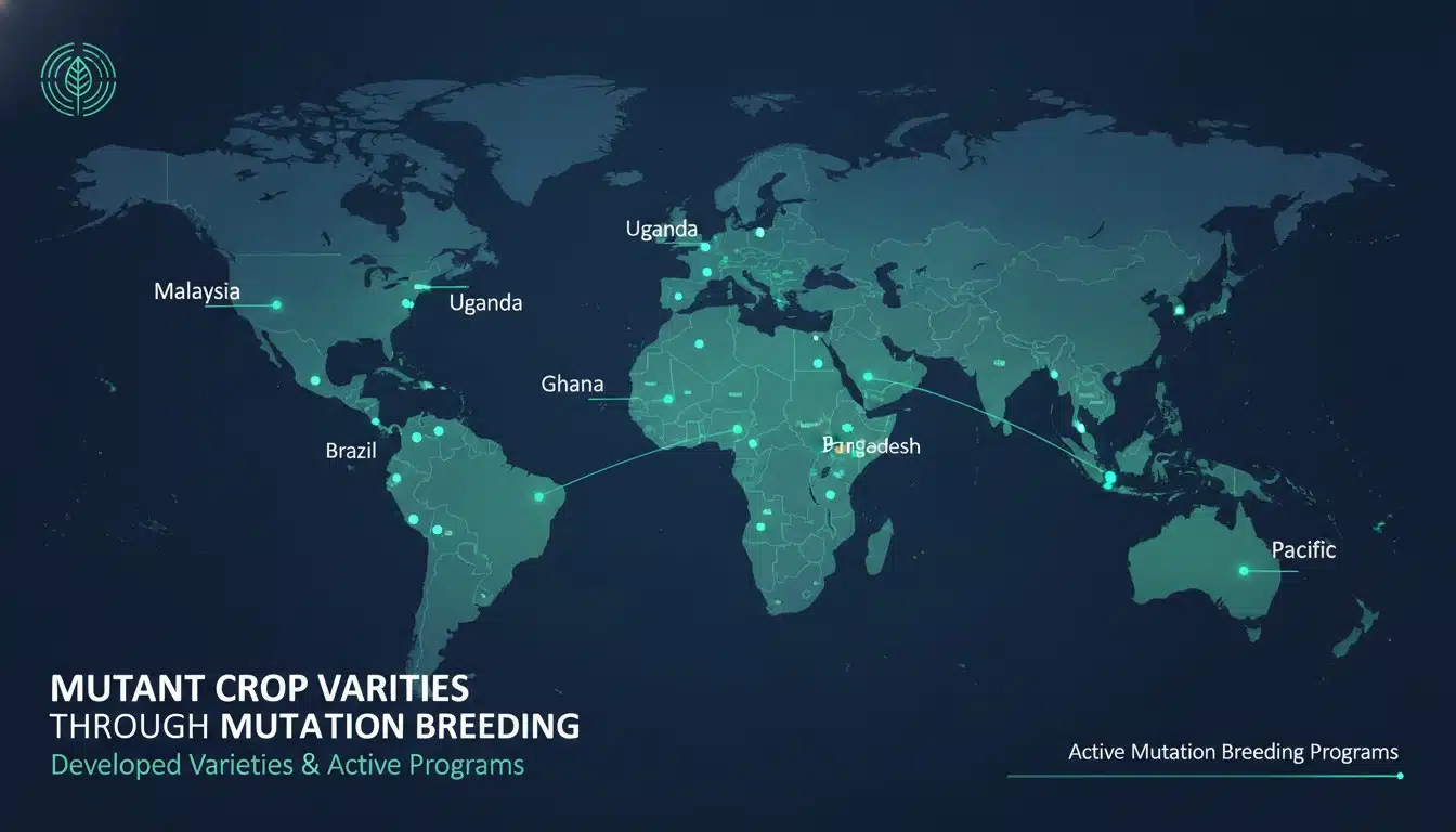 World map showing countries with active mutation breeding programs highlighted across Asia, Africa, and the Pacific