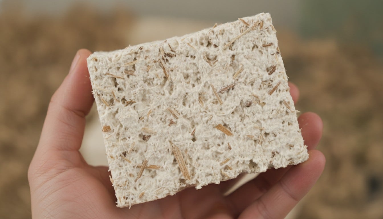 Mycelium mushroom-based protective packaging block in a hand