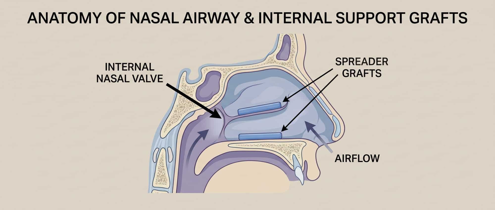Medical illustration of nasal airway anatomy showing internal valve structure and spreader grafts
